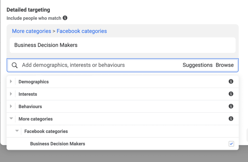 Business decision makers Facebook targeting